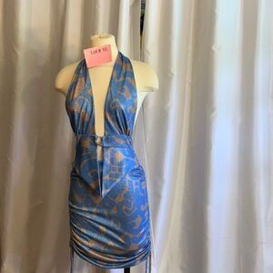 NWOT PRETTY LITTLE THINGS clubbing dress in size 4 metallic blue & gold